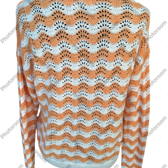 Loft Small Orange & White Loose Weave Wavy Stripe Long Sleeve Sweater - Picture 3 of 5